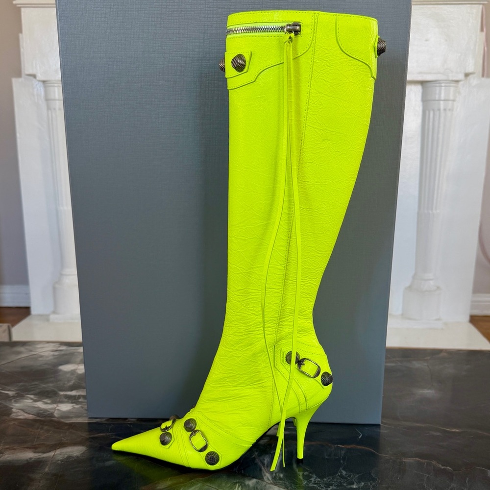 NIB $2,600 Balenciaga Cagole Leather Designer Boot Neon Yellow Arena 39 694395